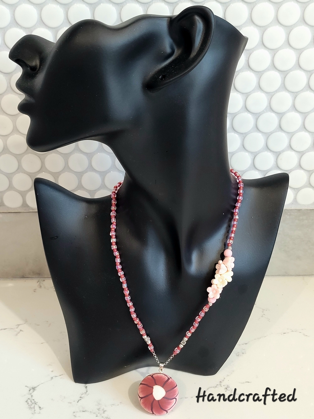 Hand Crafted Kids' Pink Floral Pendant Beaded Necklace - Picture 8 of 8
